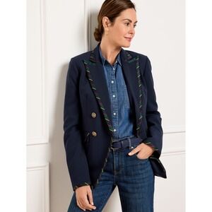 Talbots Women Navy Blue Ribbon Trim Double Breasted Blazer Jacket Size 14
